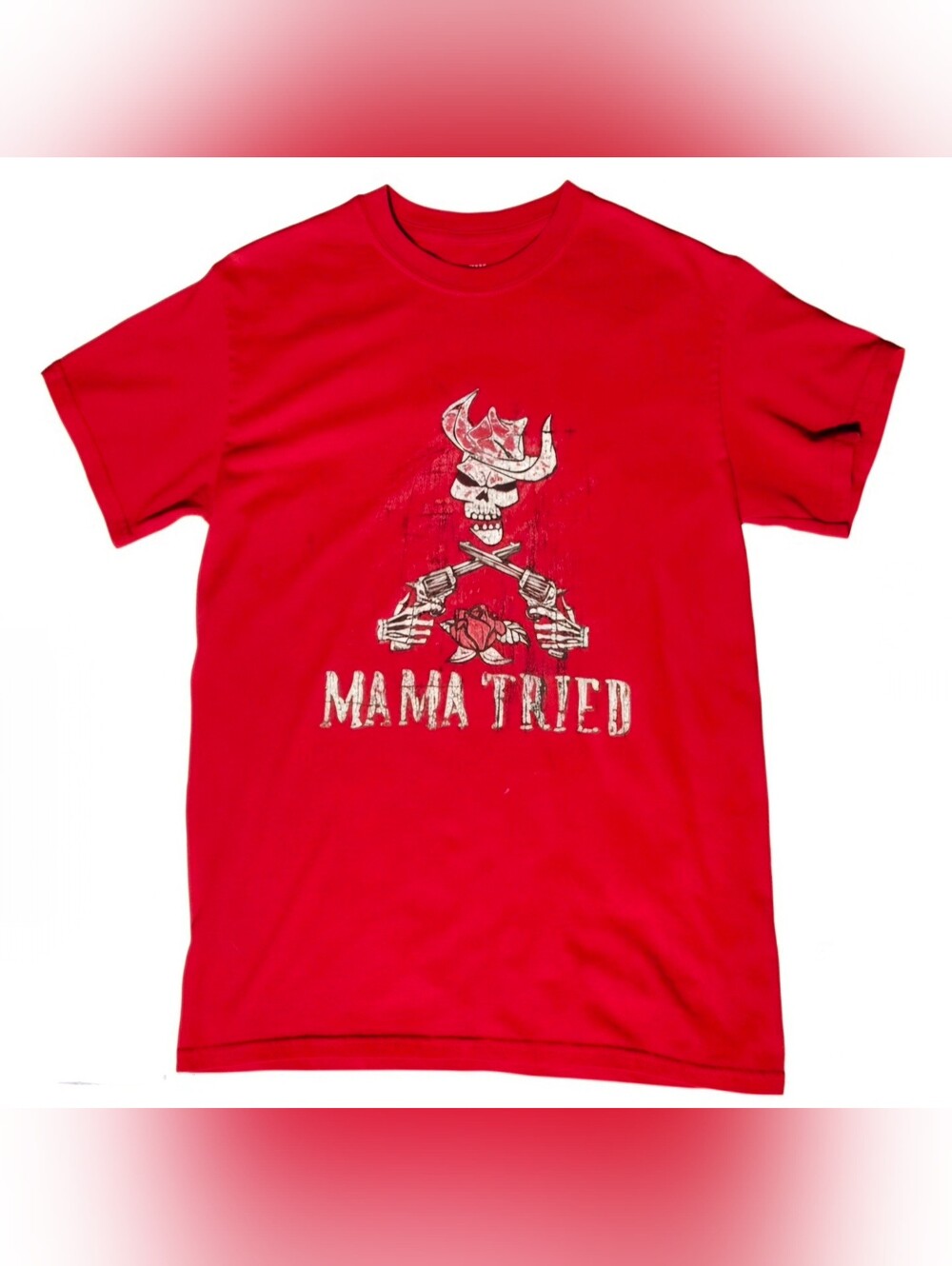 Gildan Mama Tried Outlaw Country Cowboy Skull Graphic Tee Shirt Cherry Red S
